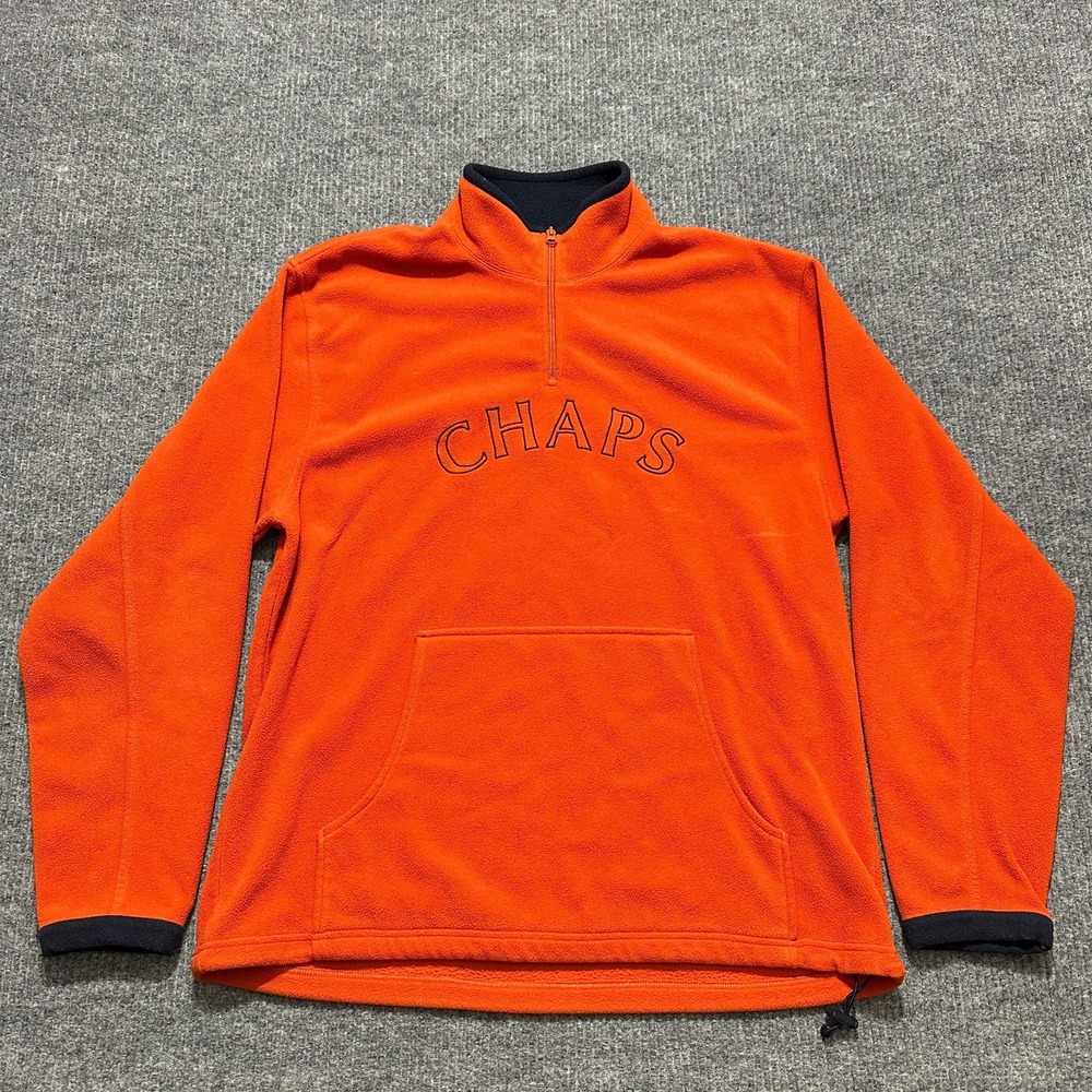 CHAPS Logo Mens Pullover Sweatshirt Size Large Orange Fleece 1/4 Zip Long Sleeve